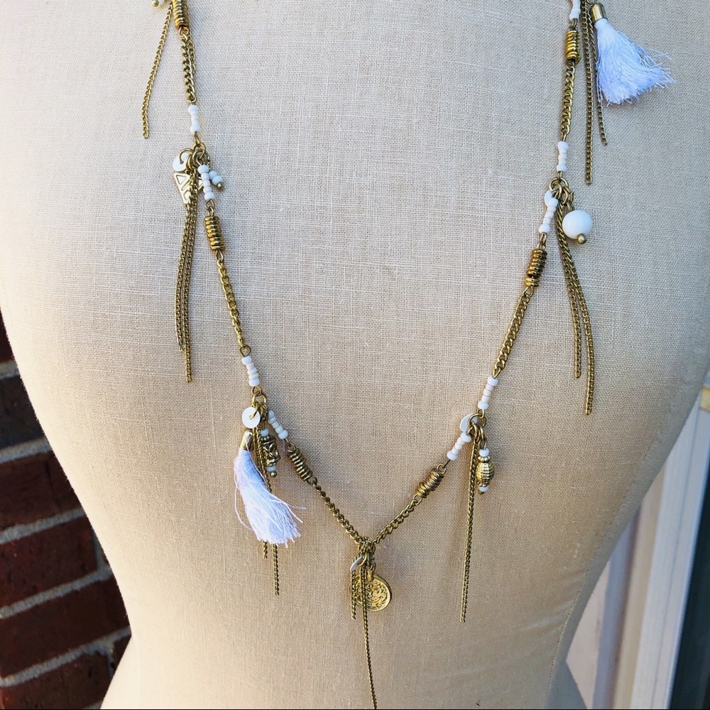 Gold Tone Necklace White Tassel Charm Chains Beads